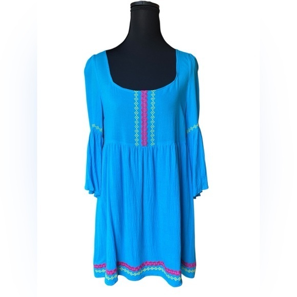Umgee Dresses & Skirts - Umgee Bohemian Dress, Embroidered Details, Bell Sleeves, Size Medium, Blue, EUC